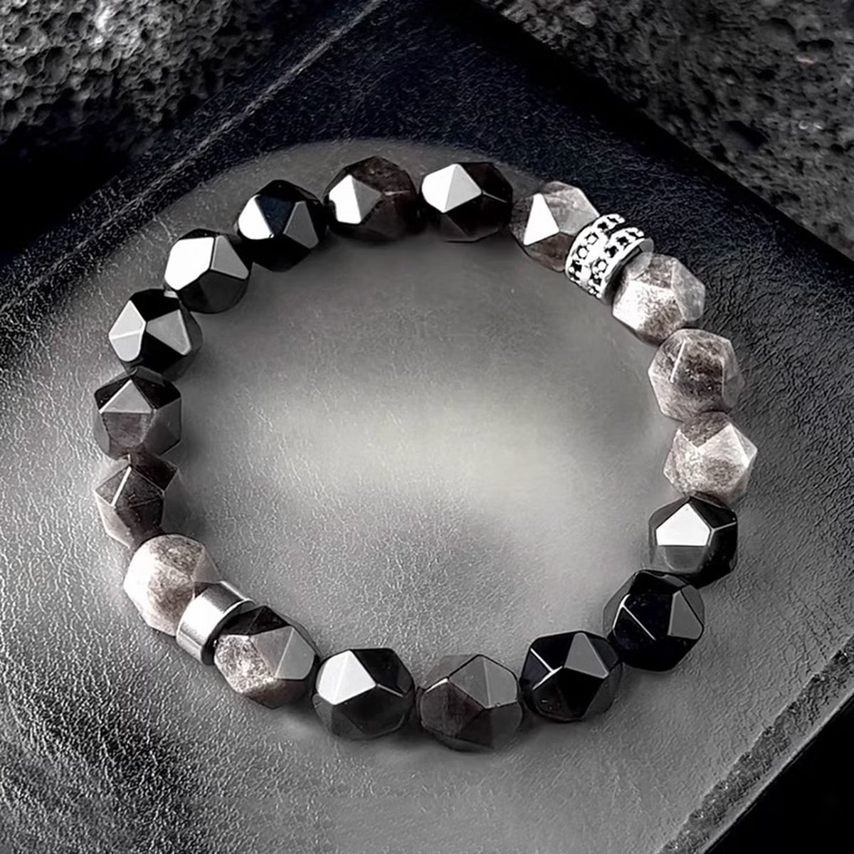 Faceted Black & Silver Sheen Obsidian Men's Bracelet - Geometric Gemstone Wristband with Cubic Zirconia Alloy Accent Symbolizing Luck, Protection & Cosmic Strength