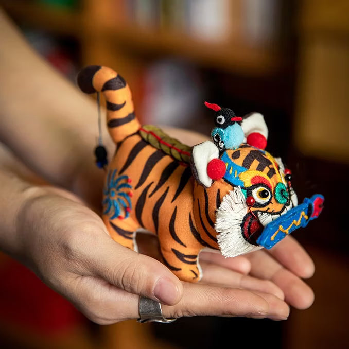Handcrafted Chinese Zodiac Sword-Biting Tiger Figurine - Folk Art Lucky Guardian Fabric Mascot
