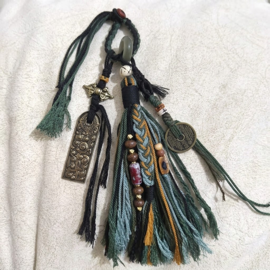Hand-Braided Tibetan Dragon Charm - "Shan Gui" Coin & Vajra Tassel Pendant for Car Mirror & Bag Accent