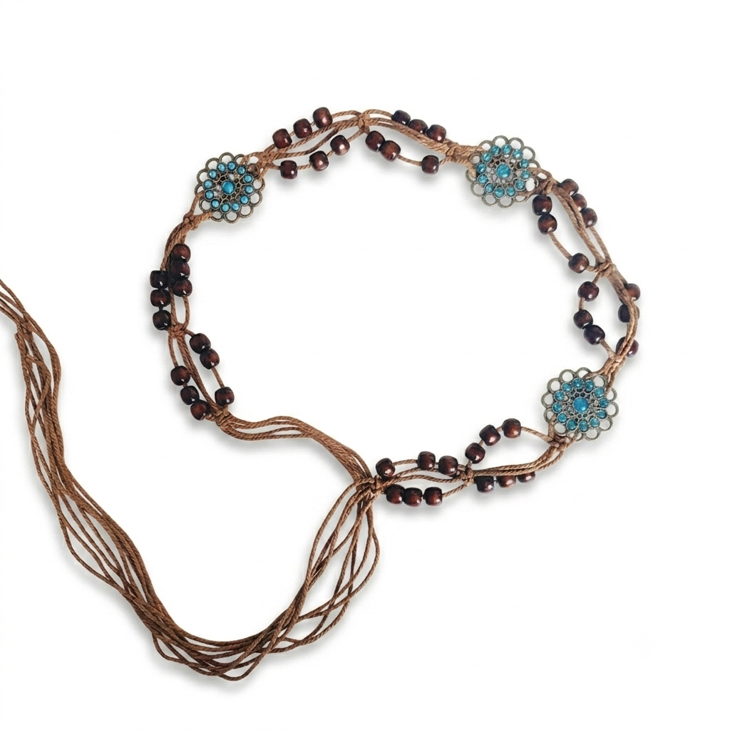 Bohemian Woven Wooden Bead Waist Chain Belt – Vintage Turquoise Floral Tie-On Rope Belt for Dresses