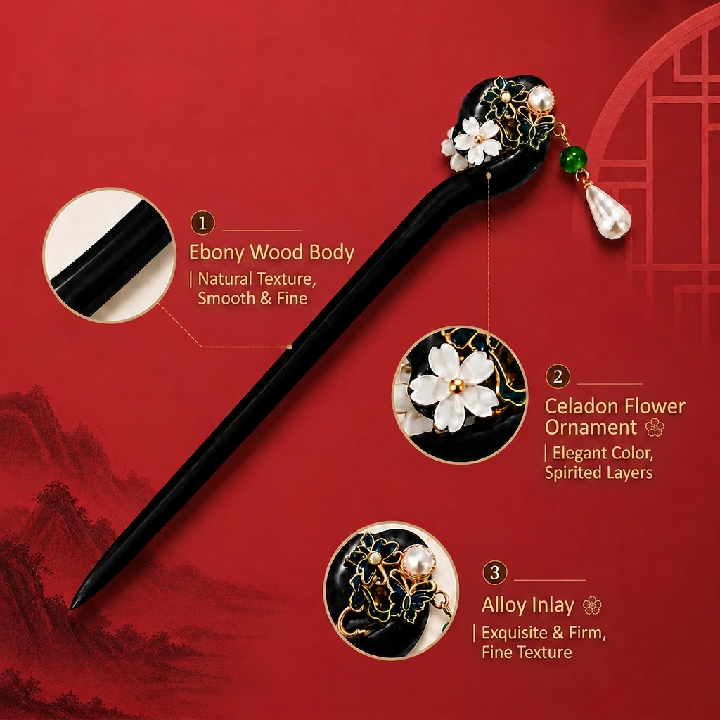 Close up of traditional Chinese intangible heritage style porcelain flower hairpin detail