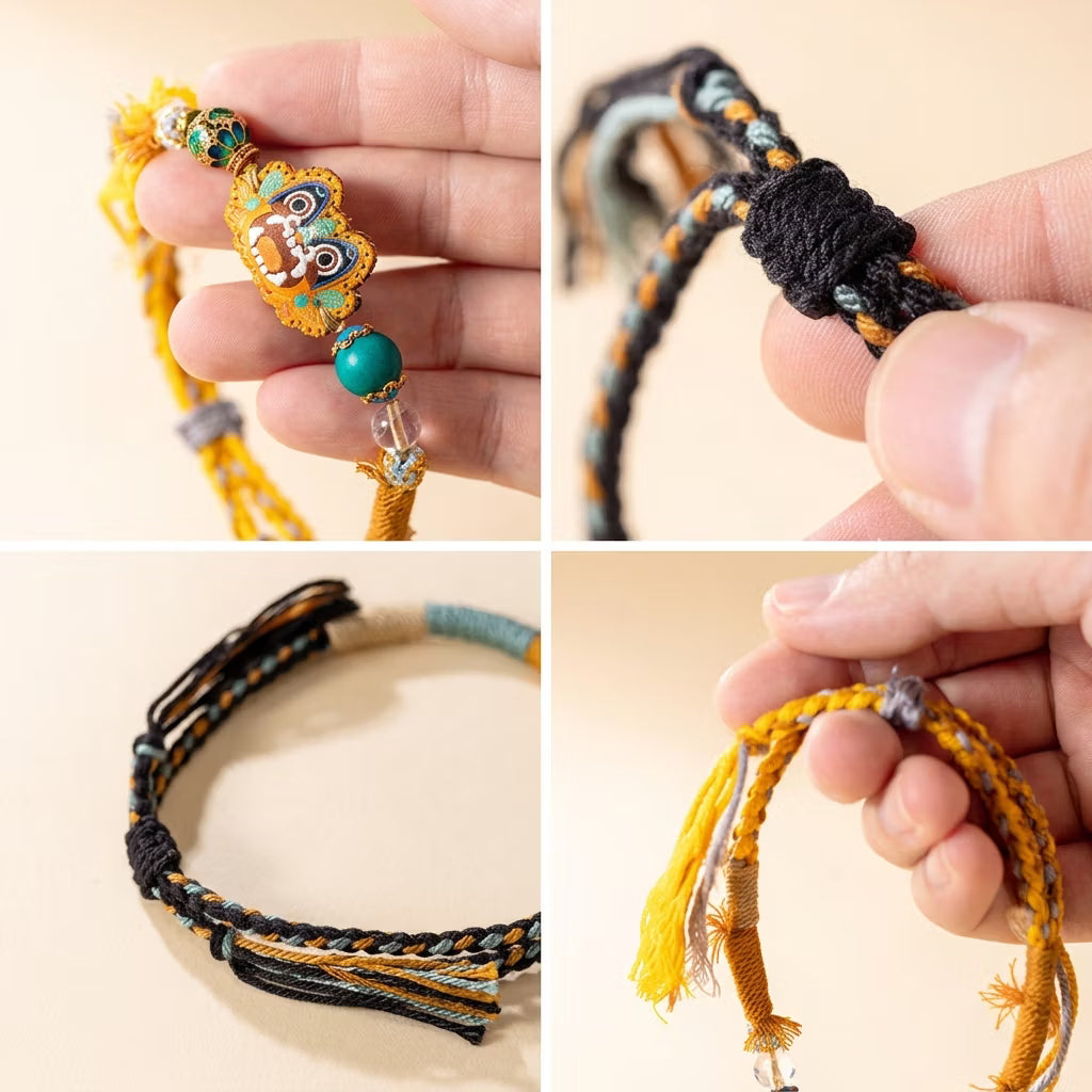 Close up of vibrant embroidered cat charm and hand-knotted cotton polyester cord on ethnic folk art bracelet