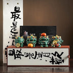 Set of cute green blue sandstone Pixiu statues with gold coin persimmon and fish accessories on wooden display