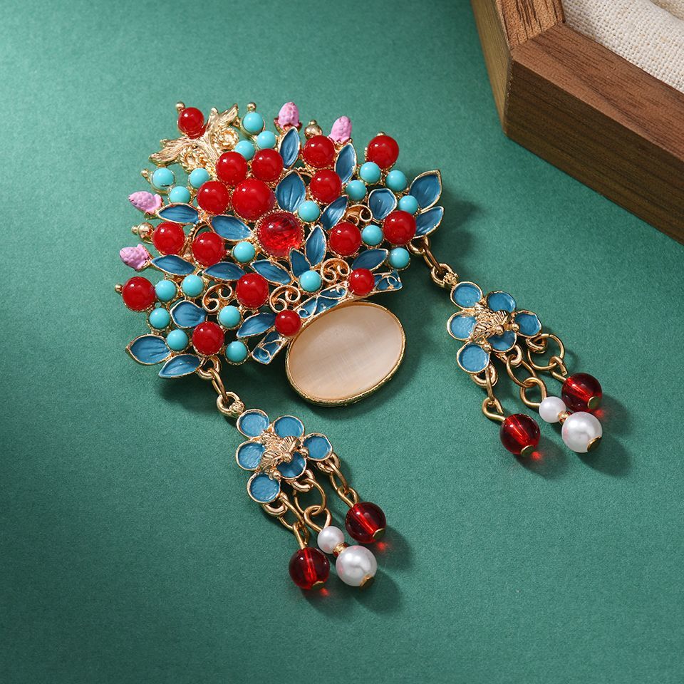 Exquisite Chinese imperial phoenix crown brooch pin with blue enamel crimson beads and pearl tassels