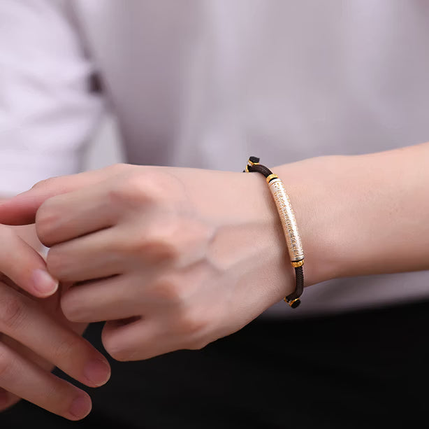 S999 fine silver Heart Sutra curved tube bracelet with gold gilded calligraphy on dark braided cord