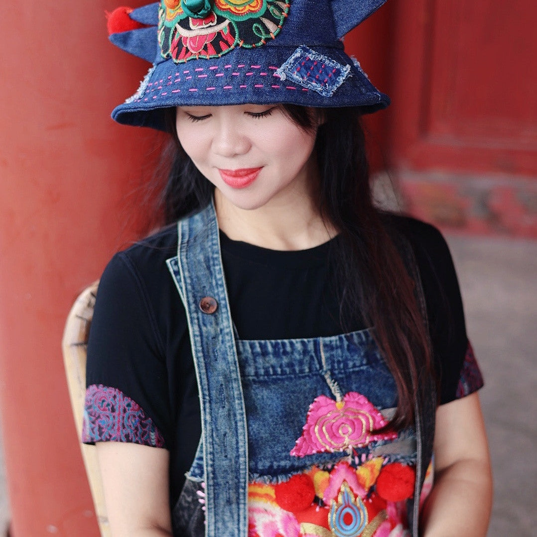 Yunnan Ethnic Handmade Embroidered Denim Bucket Hat - Women's Sunshade Hat with Adjustable Hidden Drawstring & Tiger Patchwork