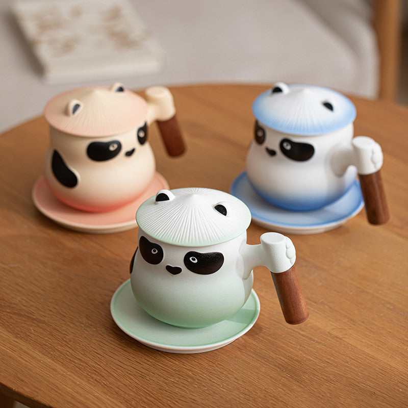 Custom Personalized Panda Ceramic Tea & Coffee Mug - 360ml Tea Infuser Mug with Rosewood Handle, Strainer Basket & Saucer (Custom Name Option)