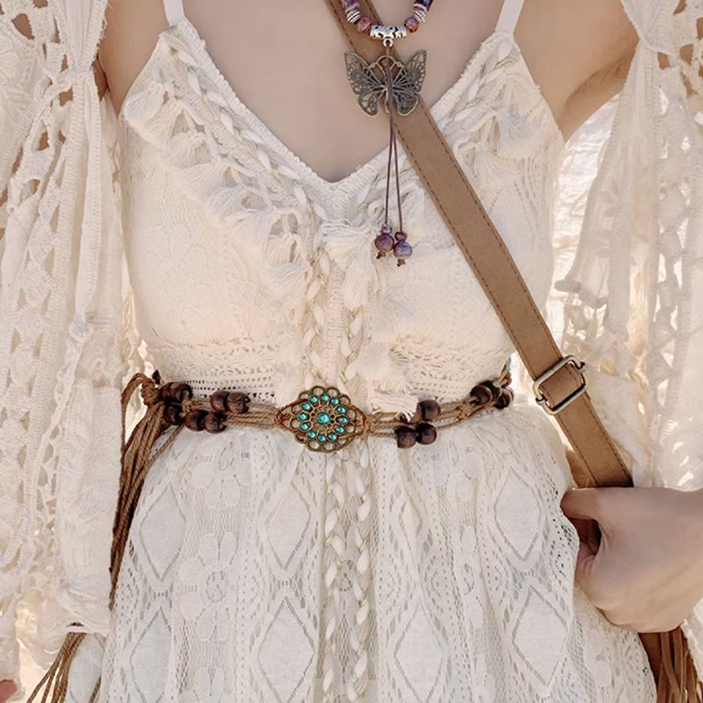Bohemian Woven Wooden Bead Waist Chain Belt – Vintage Turquoise Floral Tie-On Rope Belt for Dresses