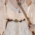 Bohemian Woven Wooden Bead Waist Chain Belt – Vintage Turquoise Floral Tie-On Rope Belt for Dresses