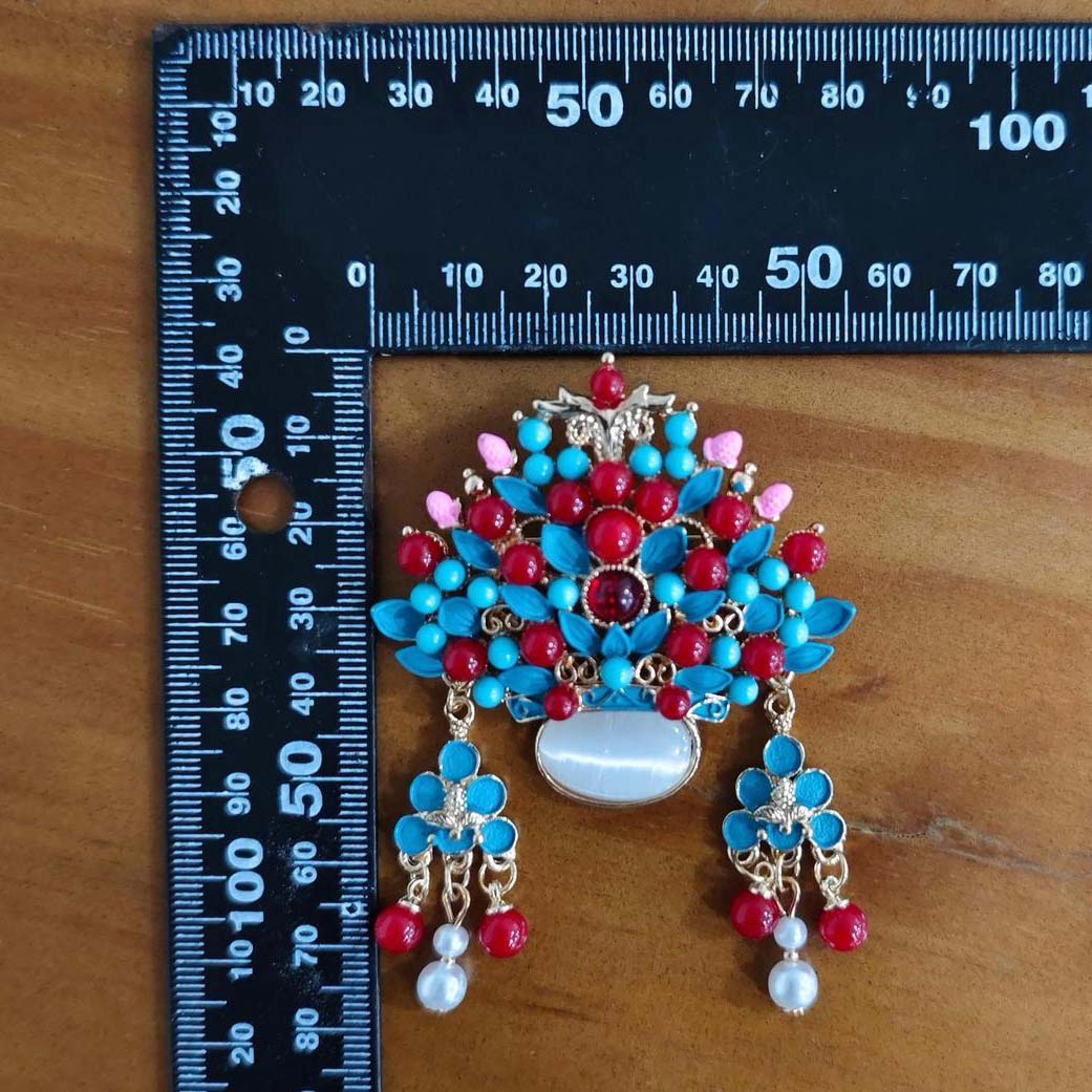 Exquisite Chinese imperial phoenix crown brooch pin with blue enamel crimson beads and pearl tassels