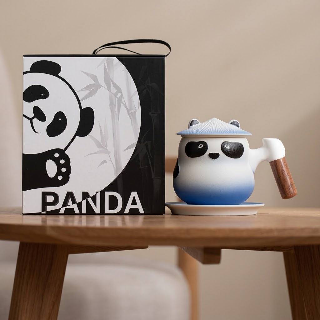 Custom Personalized Panda Ceramic Tea & Coffee Mug - 360ml Tea Infuser Mug with Rosewood Handle, Strainer Basket & Saucer (Custom Name Option)