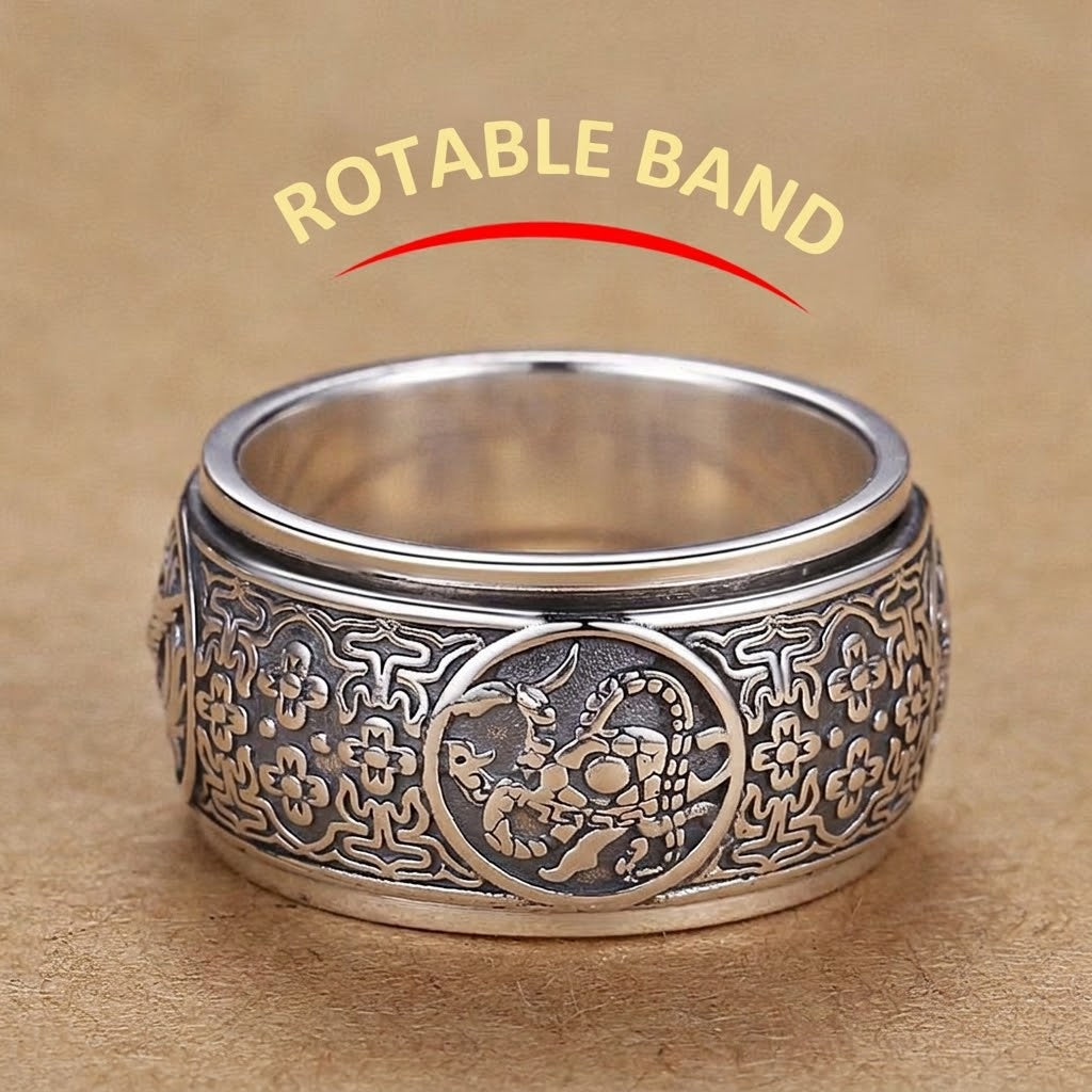 Rotatable Four Divine Beasts Sterling Silver Ring - Vintage 925 Silver Spinner Band with Azure Dragon, White Tiger, Vermilion Bird & Black Tortoise Reliefs
