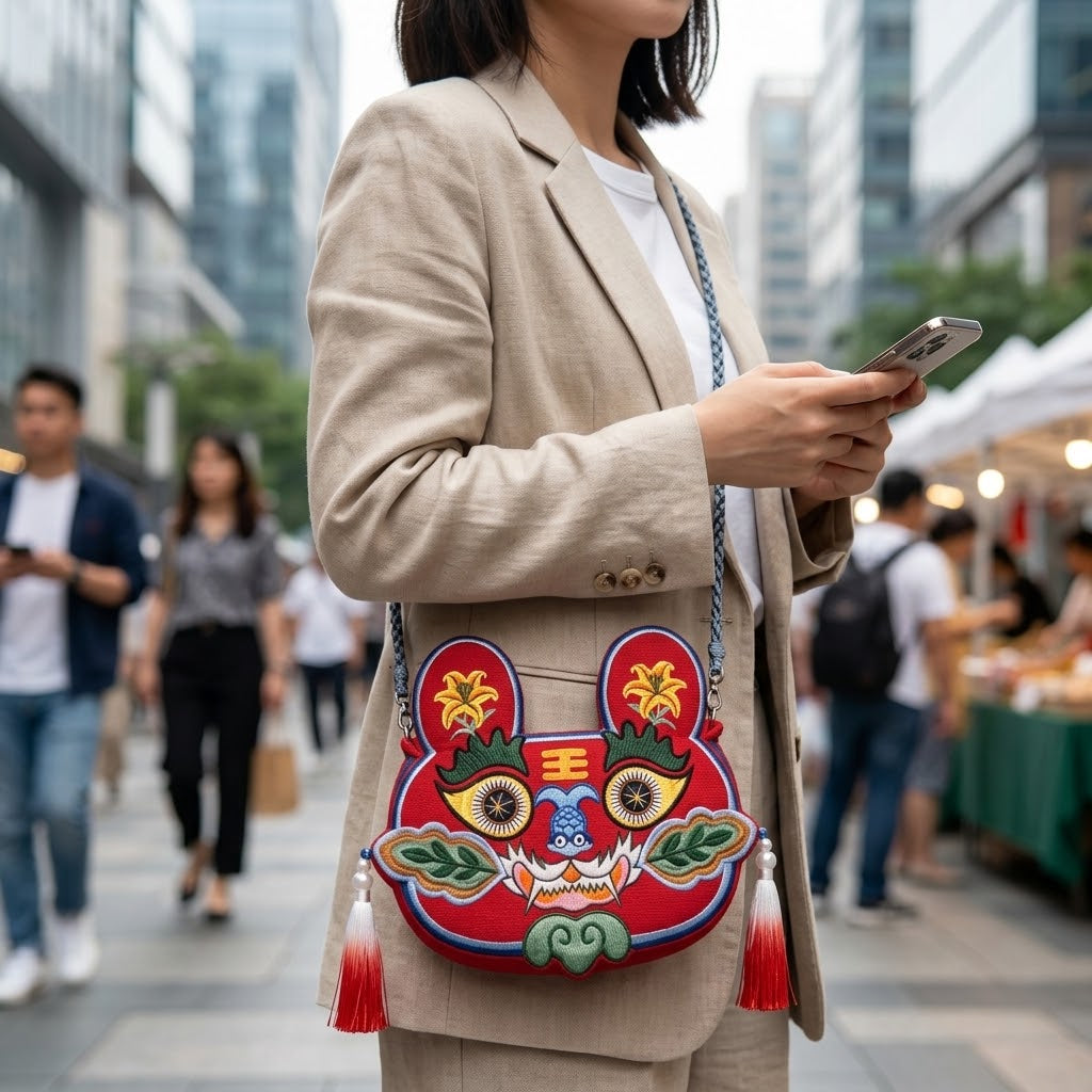 Collection of handcrafted Longxi embroidery tiger head crossbody bags in off-white and blue with long tassels