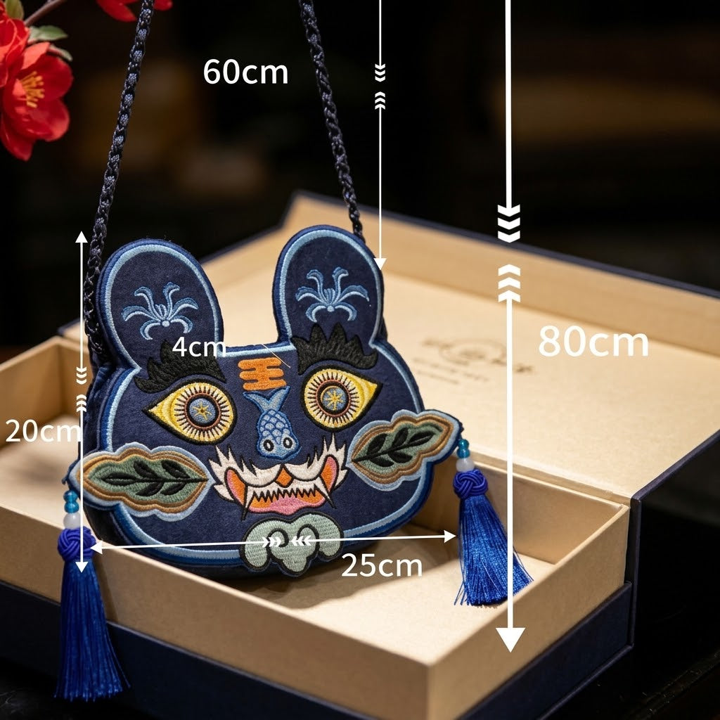 Collection of handcrafted Longxi embroidery tiger head crossbody bags in off-white and blue with long tassels
