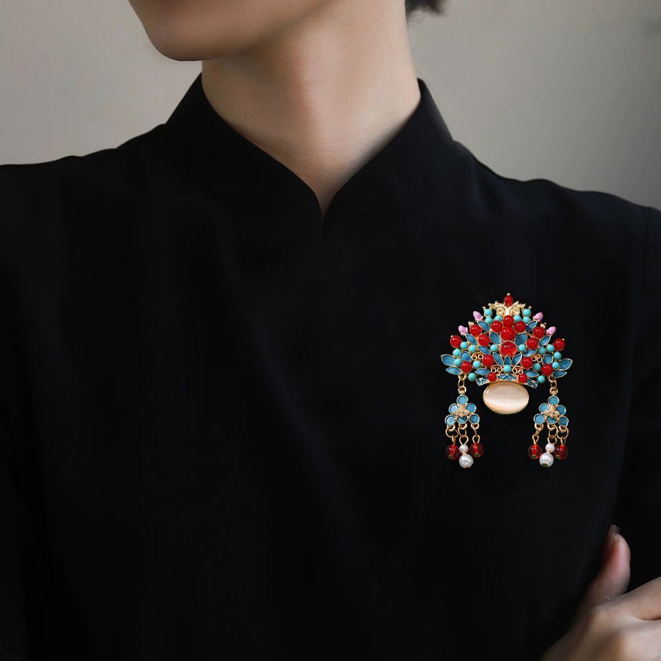 Chinese imperial phoenix crown brooch pin with blue enamel crimson beads and pearl tassels