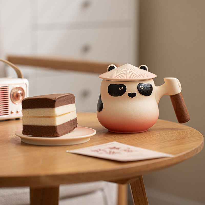 Custom Personalized Panda Ceramic Tea & Coffee Mug - 360ml Tea Infuser Mug with Rosewood Handle, Strainer Basket & Saucer (Custom Name Option)