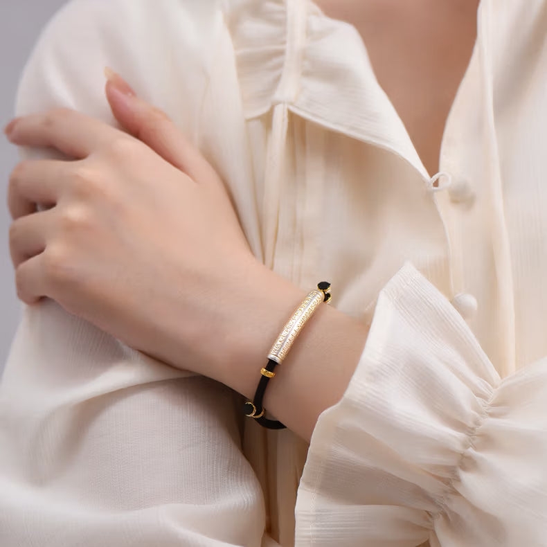S999 fine silver Heart Sutra curved tube bracelet with gold gilded calligraphy on dark braided cord