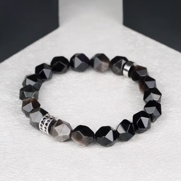 Faceted Black & Silver Sheen Obsidian Men's Bracelet - Geometric Gemstone Wristband with Cubic Zirconia Alloy Accent Symbolizing Luck, Protection & Cosmic Strength