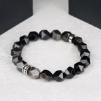 Faceted Black & Silver Sheen Obsidian Men's Bracelet - Geometric Gemstone Wristband with Cubic Zirconia Alloy Accent Symbolizing Luck, Protection & Cosmic Strength