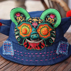Yunnan Ethnic Handmade Embroidered Denim Bucket Hat - Women's Sunshade Hat with Adjustable Hidden Drawstring & Tiger Patchwork