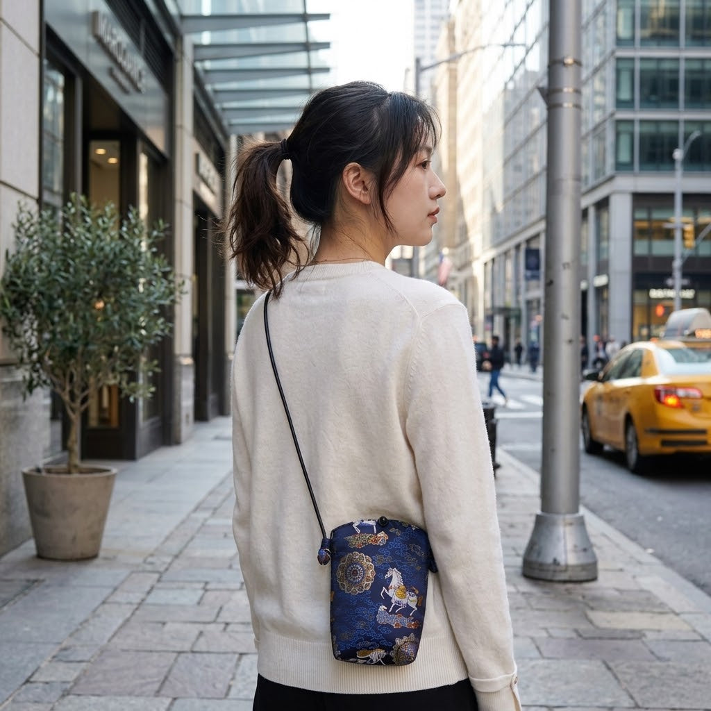Song Brocade silk vertical crossbody phone bag with persimmon pattern and long shoulder strap in gift box