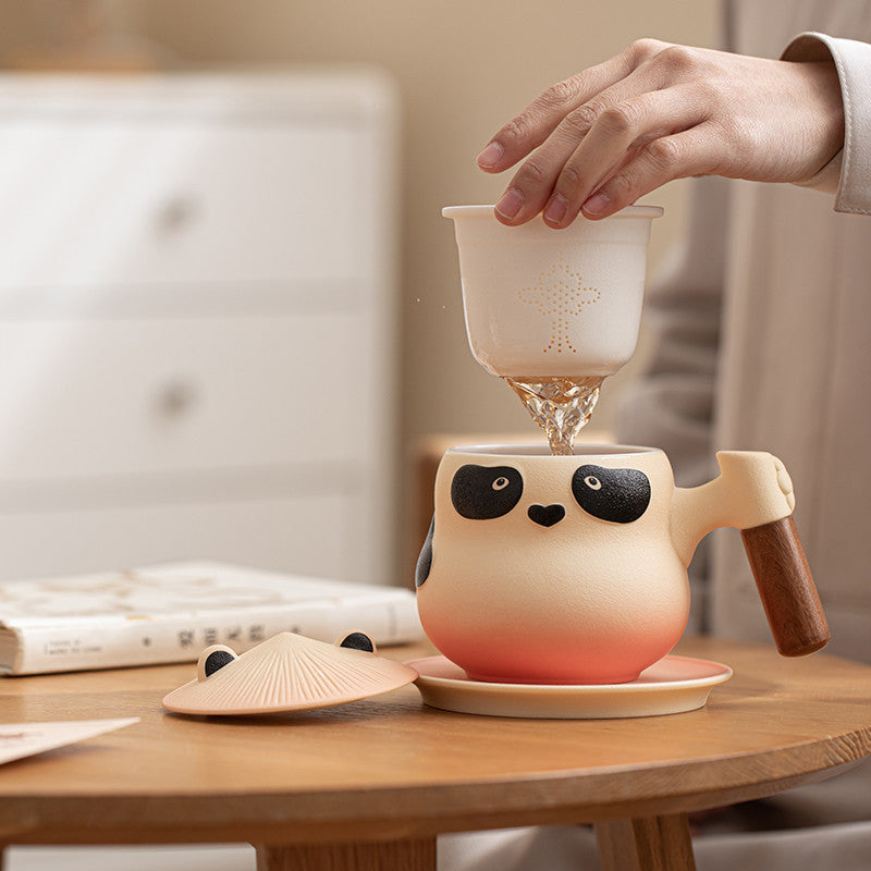 Custom Personalized Panda Ceramic Tea & Coffee Mug - 360ml Tea Infuser Mug with Rosewood Handle, Strainer Basket & Saucer (Custom Name Option)