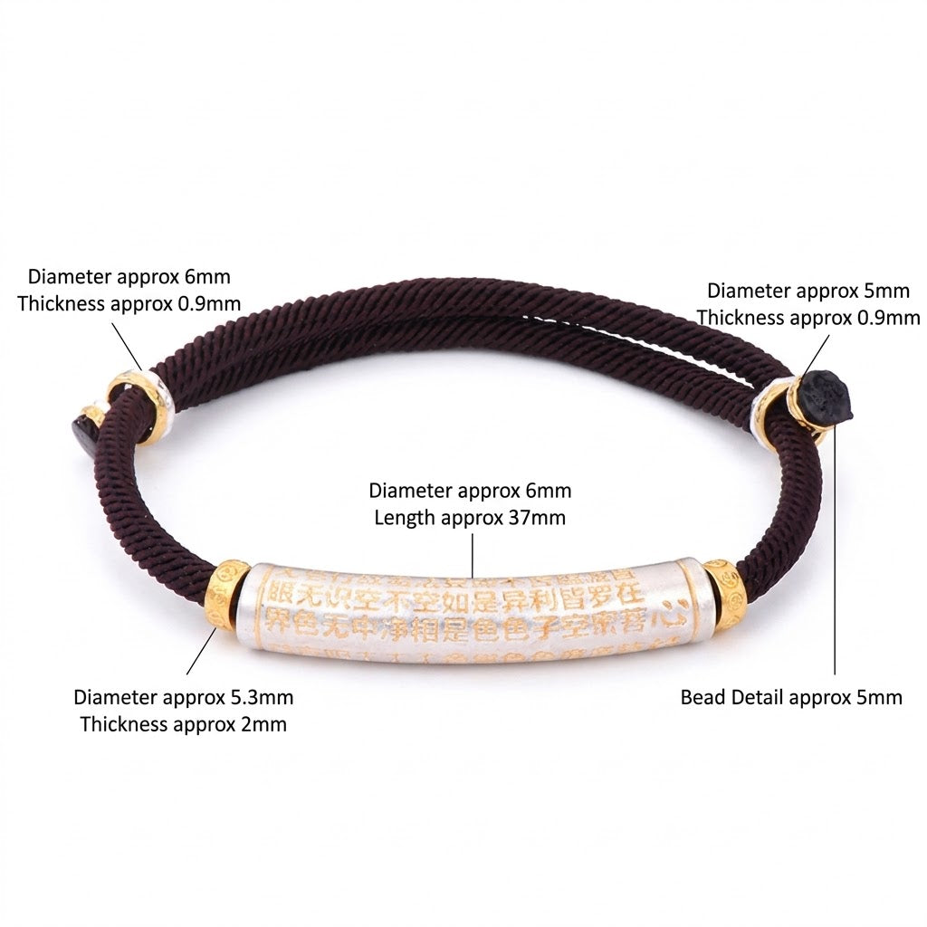 S999 fine silver Heart Sutra curved tube bracelet with gold gilded calligraphy on dark braided cord