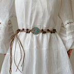 Bohemian Woven Wooden Bead Waist Chain Belt – Vintage Turquoise Floral Tie-On Rope Belt for Dresses