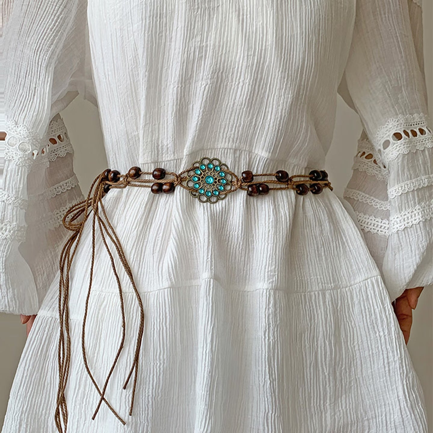 Bohemian Woven Wooden Bead Waist Chain Belt – Vintage Turquoise Floral Tie-On Rope Belt for Dresses