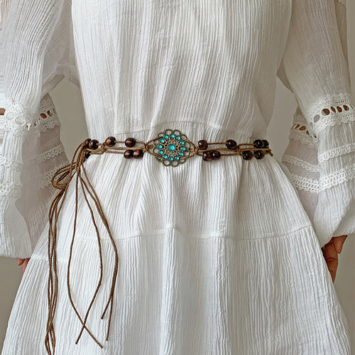Bohemian Woven Wooden Bead Waist Chain Belt – Vintage Turquoise Floral Tie-On Rope Belt for Dresses