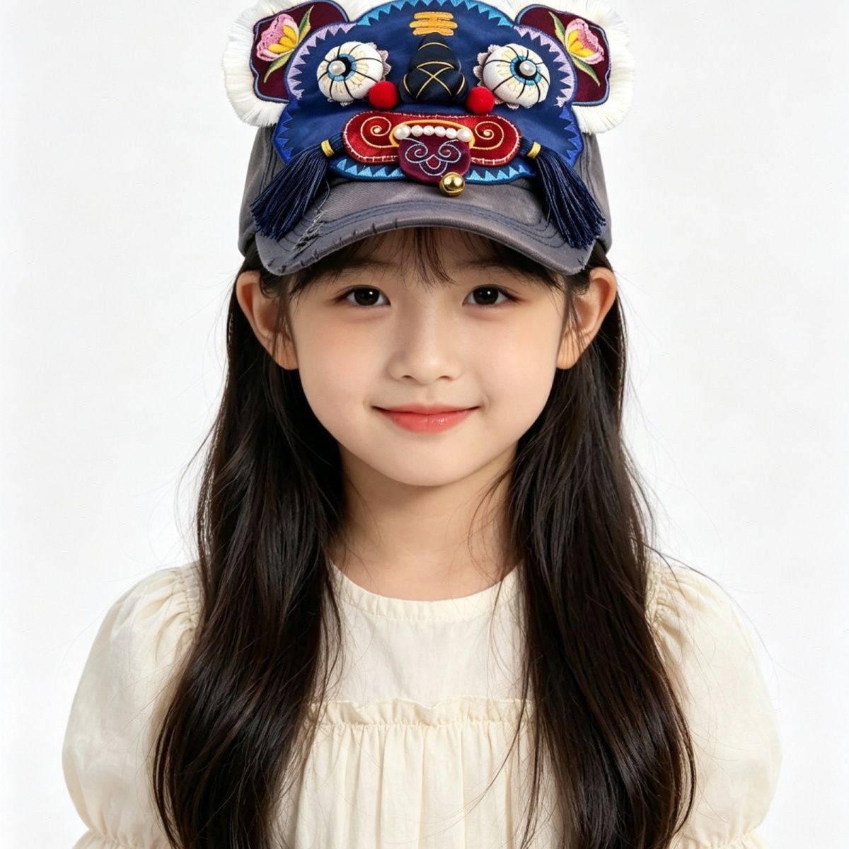 Handcrafted vintage denim tiger head baseball cap with 3D embroidery pearl accents and tassels