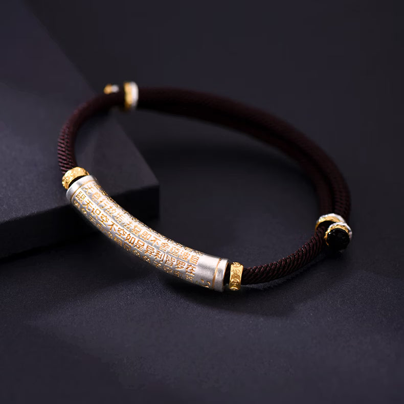S999 fine silver Heart Sutra curved tube bracelet with gold gilded calligraphy on dark braided cord