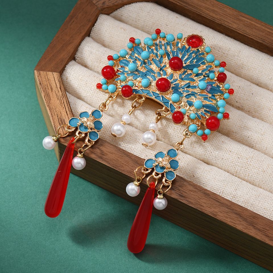 Exquisite Chinese imperial phoenix crown brooch pin with blue enamel crimson beads and pearl tassels