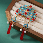 Exquisite Chinese imperial phoenix crown brooch pin with blue enamel crimson beads and pearl tassels