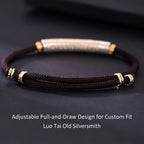 S999 fine silver Heart Sutra curved tube bracelet with gold gilded calligraphy on dark braided cord