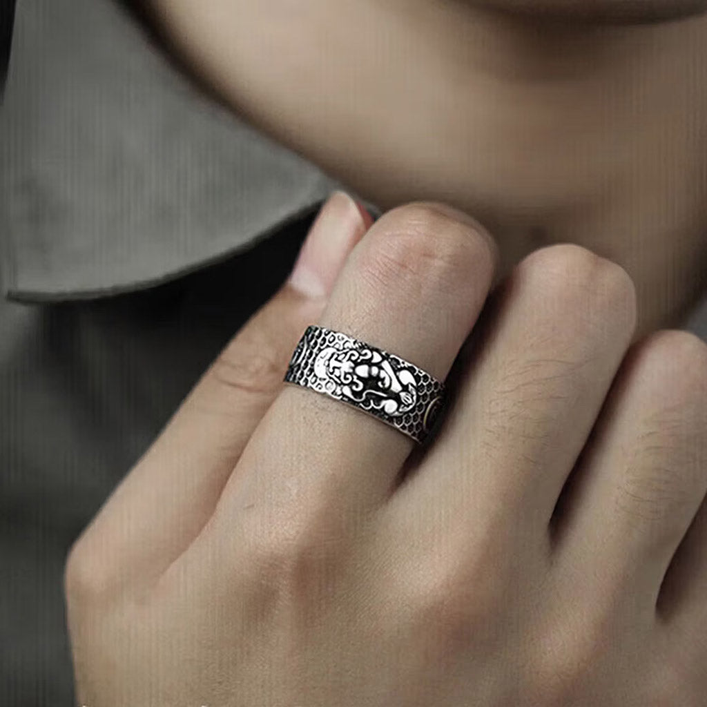 S999 pure silver Pixiu ring with inner micro engraved Heart Sutra scripture text and adjustable band