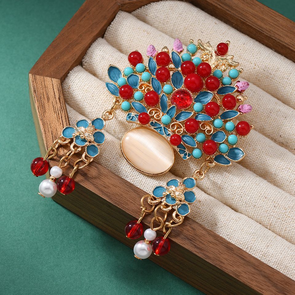 Chinese imperial phoenix crown brooch pin with blue enamel crimson beads and pearl tassels