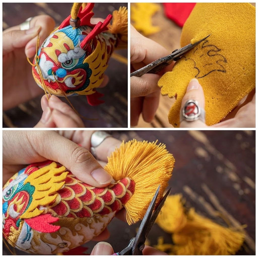 Smiling girl holding a handmade cute silk dragon carp sachet pendant with red blessing tag