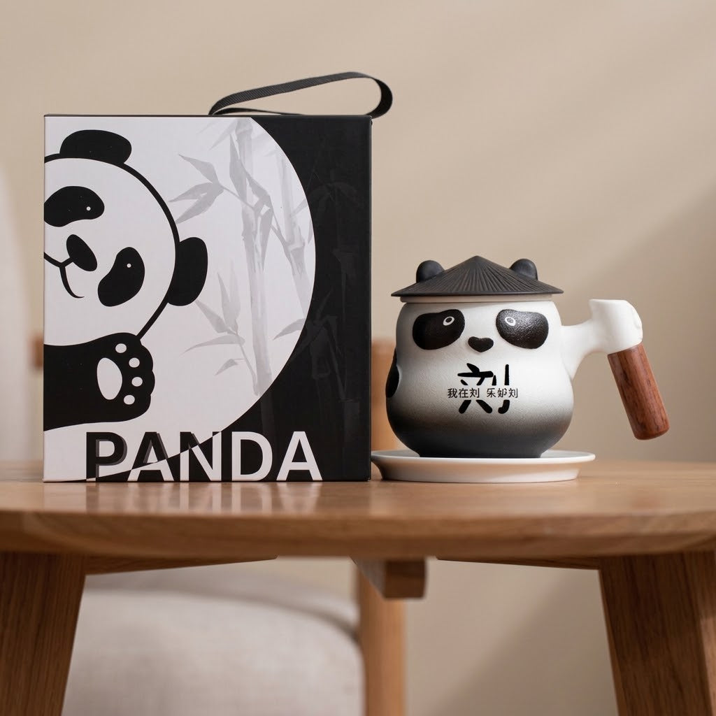 Custom Personalized Panda Ceramic Tea & Coffee Mug - 360ml Tea Infuser Mug with Rosewood Handle, Strainer Basket & Saucer (Custom Name Option)