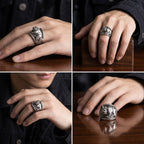 Vintage Pixiu statement ring with intricate relief carving and adjustable band
