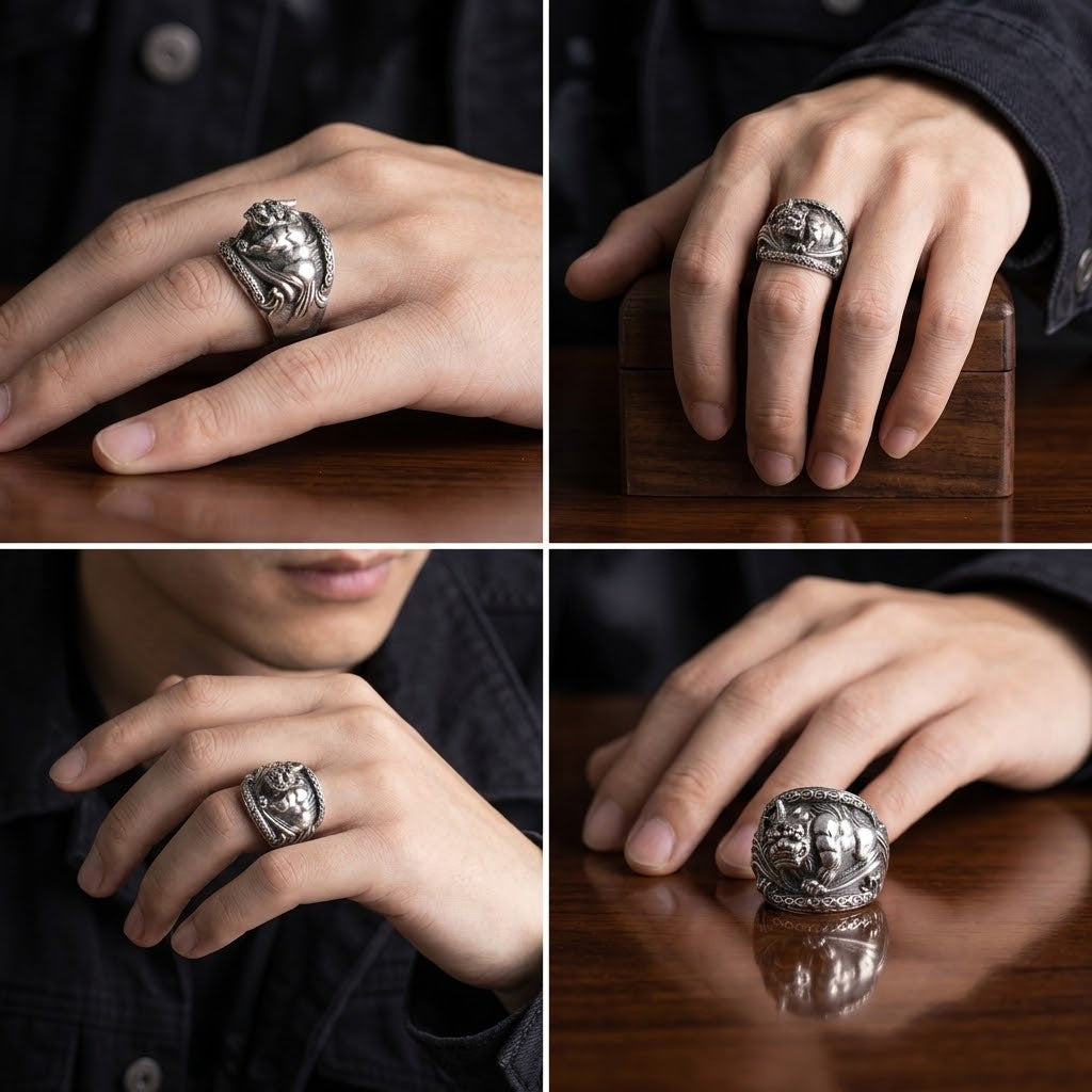 Vintage Pixiu statement ring with intricate relief carving and adjustable band