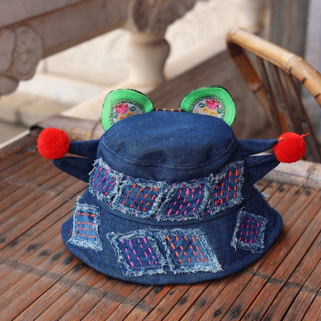 Yunnan Ethnic Handmade Embroidered Denim Bucket Hat - Women's Sunshade Hat with Adjustable Hidden Drawstring & Tiger Patchwork