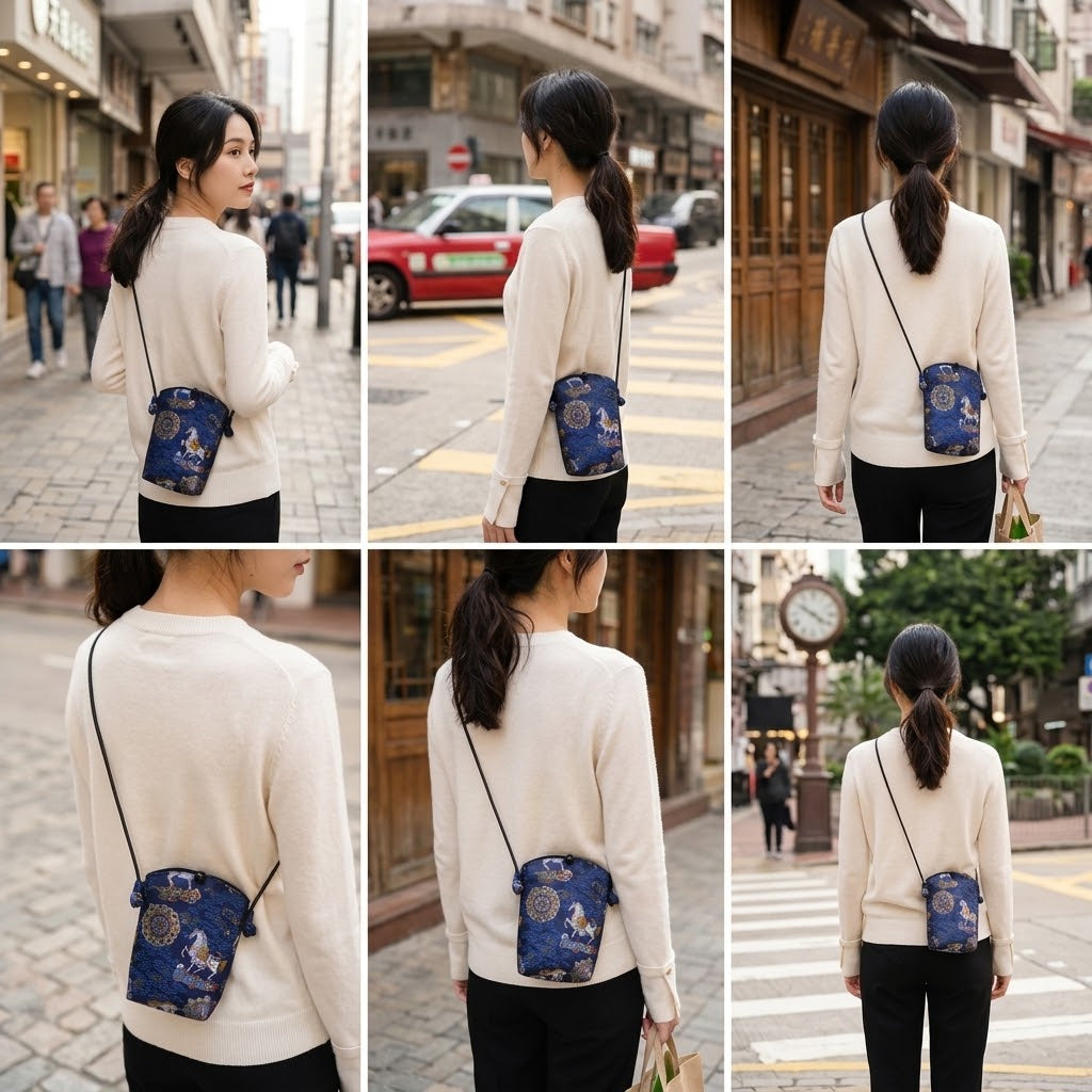 Song Brocade silk vertical crossbody phone bag with persimmon pattern and long shoulder strap in gift box