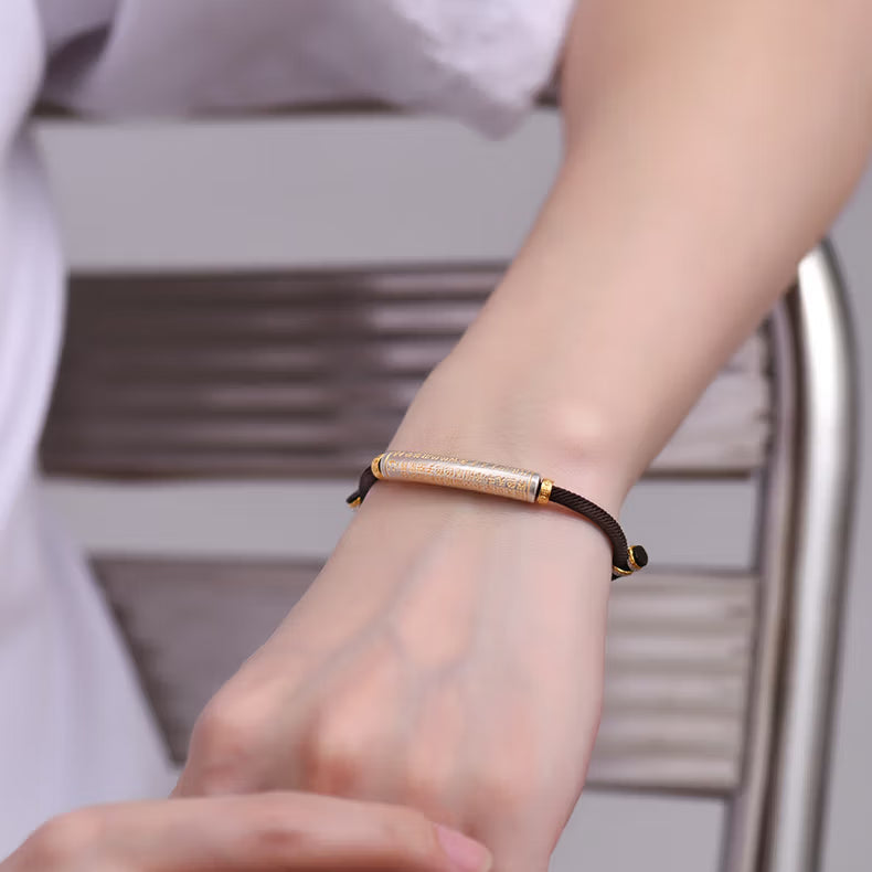 S999 fine silver Heart Sutra curved tube bracelet with gold gilded calligraphy on dark braided cord