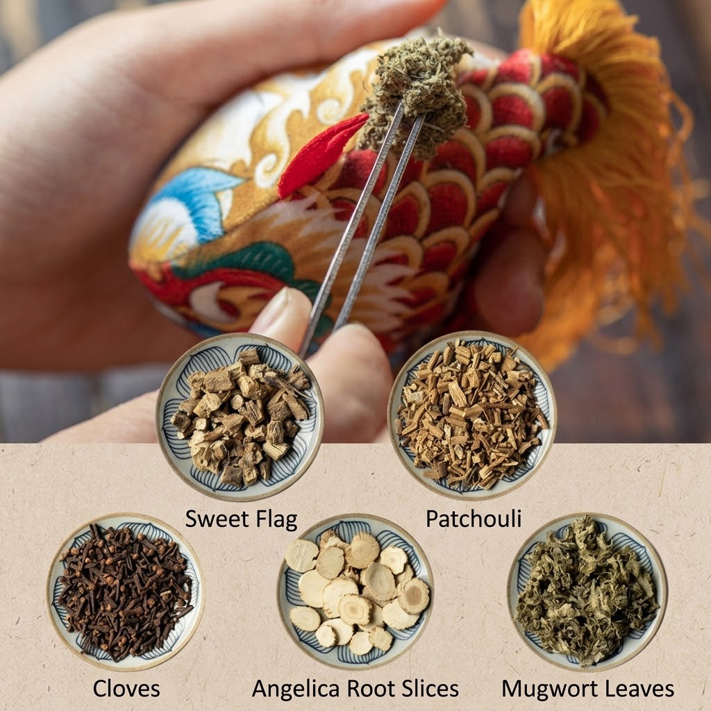 Smiling girl holding a handmade cute silk dragon carp sachet pendant with red blessing tag