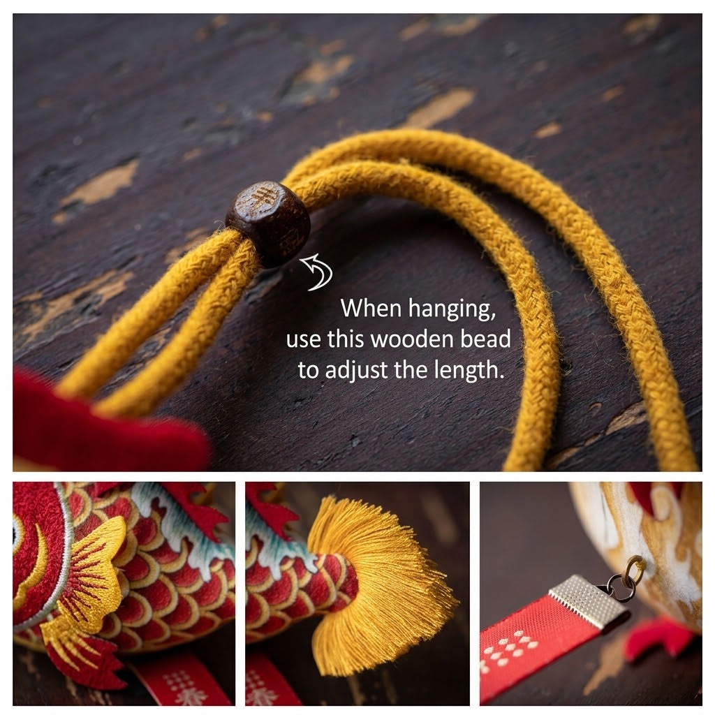 Smiling girl holding a handmade cute silk dragon carp sachet pendant with red blessing tag