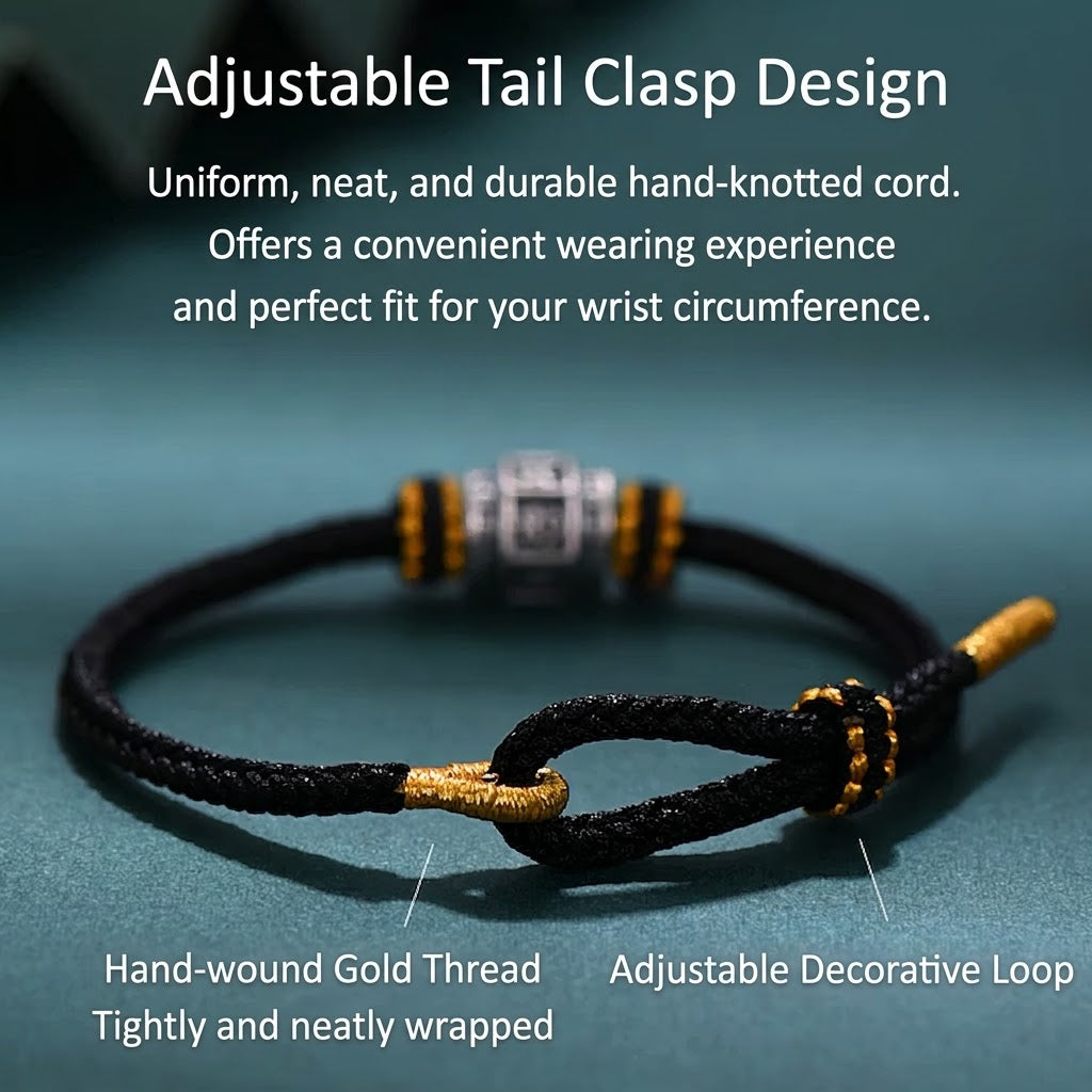 S999 fine silver Six-Syllable Mantra rotating bead on black hand-woven cord with gold accents