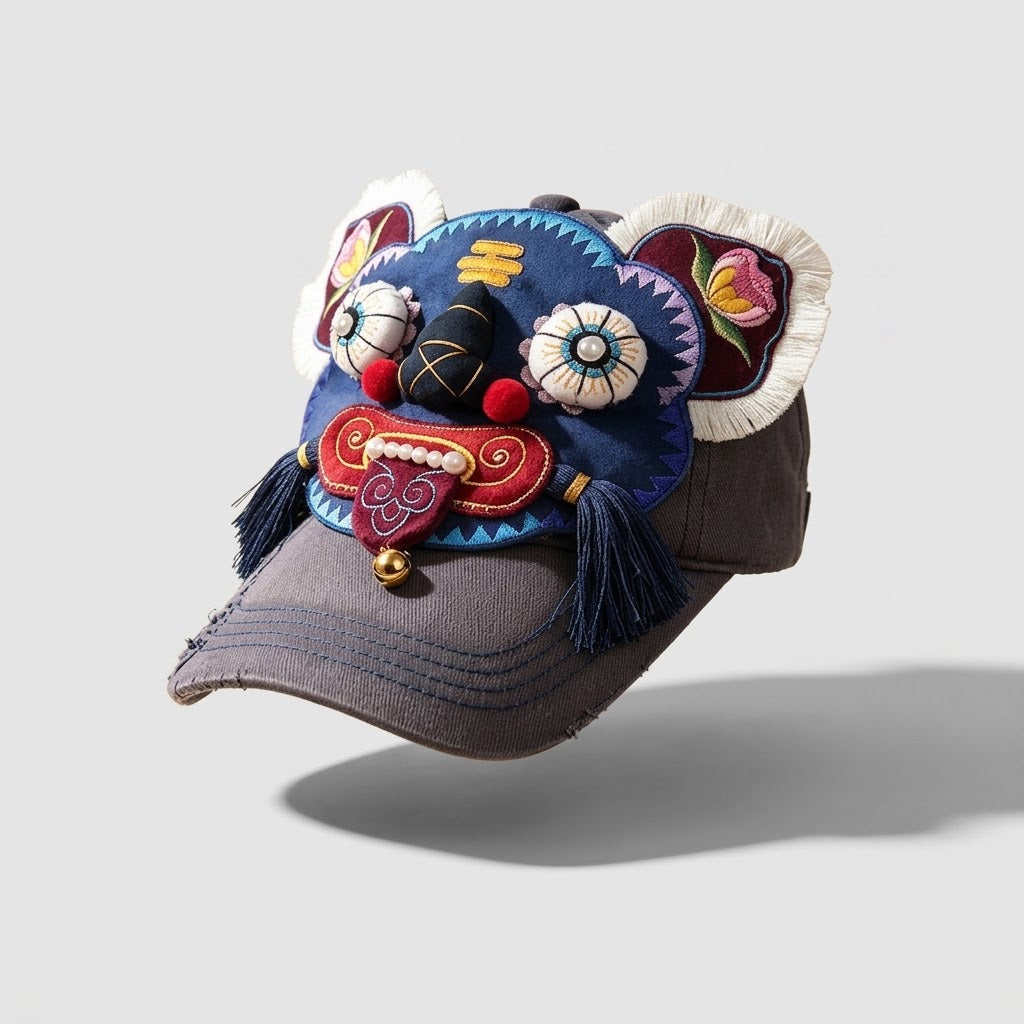 Handcrafted vintage denim tiger head baseball cap with 3D embroidery pearl accents and tassels