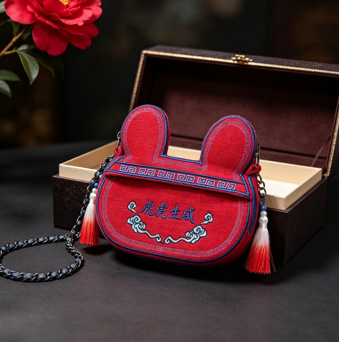 Collection of handcrafted Longxi embroidery tiger head crossbody bags in off-white and blue with long tassels
