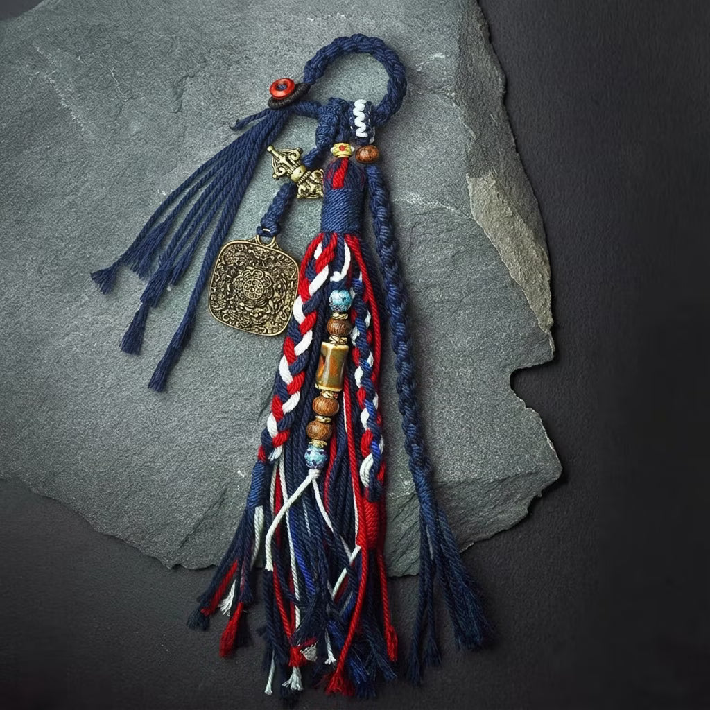 Handcrafted Tibetan braided blue and red tassel ornament with antique brass Vajra charm for bag or car hanging